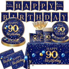 a blue and gold birthday party set with balloons, plates, napkins and decorations