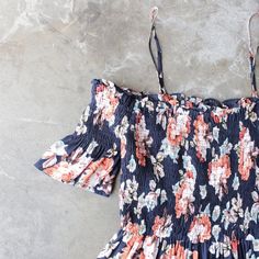 smocked cold shoulder romper in navy floral print - shophearts - 2 Summer Rayon Smocked Top, Summer Rayon Smocked Top With Smocked Back, Summer Rayon Smocked Top With Smocked Bodice, Summer Smocked Bodice Top In Rayon, Casual Smocked Top With Adjustable Straps For Spring, Casual Smocked Rayon Top, Casual Smocked Top With Rayon Bodice, Spring Rayon Smocked Top With Smocked Back, Navy Floral