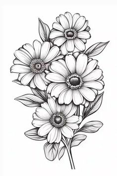 a bouquet of flowers with leaves on the side, drawn by hand in black and white