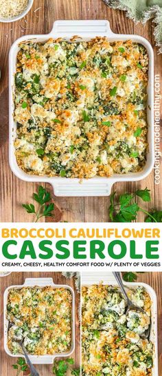 broccoli and cauliflower casserole in a white dish on a wooden table