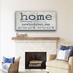 a living room filled with furniture and a fire place under a sign that says home