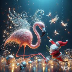 a flamingo and santa clause are in the air with christmas decorations around them,