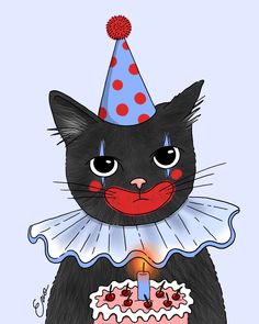 a black cat wearing a party hat and holding a birthday cake with candles in it