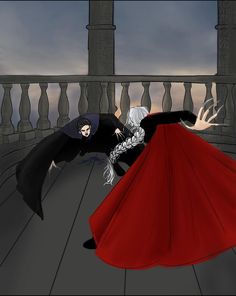 two people dressed in black and red dancing on a deck