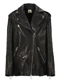 Black Khaite leather jacket foe woman - Peak lapel collar - Long sleeves with zip at hem - Three front slit pockets with zip - One front flap pocket with snap button - Front zip fastening Composition: 100% Lamb Leather Lining:, 100% Cupro | Khaite Women's Leather Jacket in Black | SS24 Percy Jackson Costume, Peak Lapel, Gorgeous Bags, Jeans Jumpsuit, Leather Jackets Women, Yoga Wear, Lapel Collar, Luxury Retail, Flap Pocket