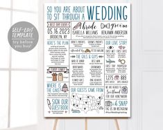 a poster that is on top of a easel next to a window with the words, so you are about to set through a wedding