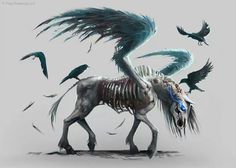 a skeleton horse with wings on it's back and some birds flying over it