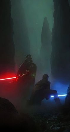 two lightsabers are in the dark cave