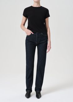 90's Pinch Waist High Rise Straight Long in Polished Sleek Fitted Straight Bottoms, Modern Fitted Straight Bottoms, Everyday Fitted Straight Bottoms, Fitted Straight Bottoms For Everyday, Sleek Fitted High Waist Jeans, Modern High-rise Slim Fit Bottoms, Modern High Rise Slim Fit Bottoms, Fitted Straight Silhouette Jeans, Fitted Straight Everyday Pants