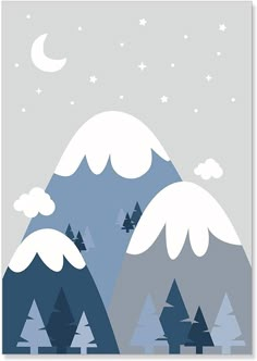 a mountain scene with trees and stars in the night sky, on a gray background