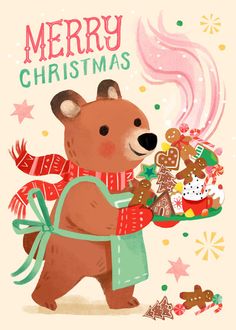 a christmas card with a brown bear holding a tray of cookies and hot chocolates