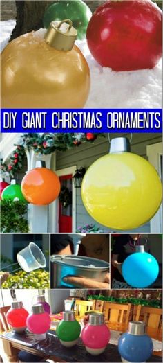 christmas ornaments are hanging from the ceiling in different colors and sizes, with text overlay that reads diy giant christmas ornaments