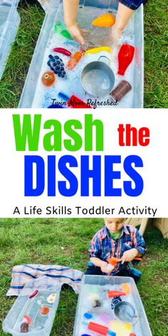 a young boy playing with the dishes in his play tray on the grass, and text overlay that reads clean the dishes