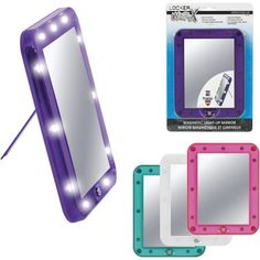 three different colored mirrors with lights on them, one is purple and the other is blue