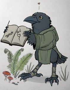 a bird is holding an open book with writing on it