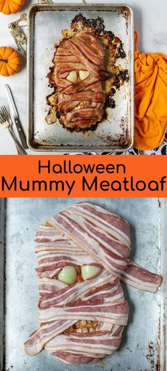 halloween meatloaf with pumpkins on the side and an image of bacon wrapped in strips