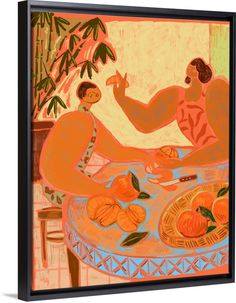 a painting of two men sitting at a table with oranges and bananas on it