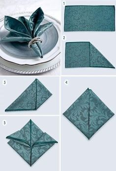 instructions to fold napkins in the shape of flowers on top of each other, and place