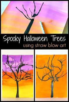 three different pictures of trees with the words spooky halloween trees using straw blow art