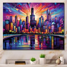 a colorful cityscape is featured in this living room wall art print on canvas