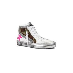 Leather Toe And Star Leather And Canvas Quarter Suede Heel White/ Green Camouflage/ Silver/ Fluorescent Pink & Cappuccino Pink Cappuccino, Shoes Golden Goose, Leather And Canvas, Golden Goose Shoes, Golden Goose, Suede Heels, White Green, Cappuccino, Womens Shoes Sneakers