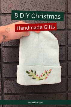 a handmade christmas hat hanging on a brick wall with the text 8 diy christmas handmade gifts