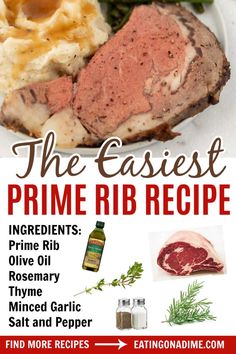 an advertisement for prime rib recipe on a plate with meat and vegetables in the background