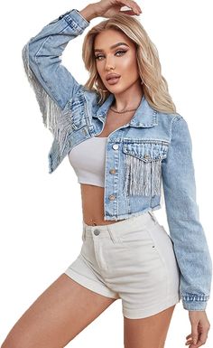 Crop Denim Jacket, Ladies Short Jackets, Festival Jacket, Crop Jean Jacket, Country Concert Outfit, Fringe Jacket, Cowgirl Outfits, Cute Jackets, Cropped Denim Jacket