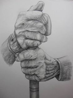 a pencil drawing of two hands holding each other's hand over a pole with a cane in the foreground