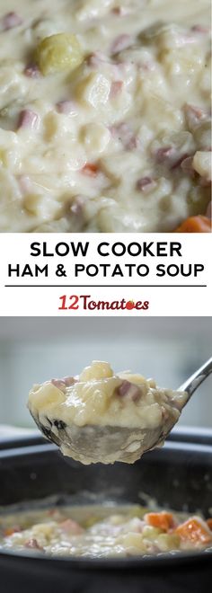 the slow cooker ham and potato soup is ready to be eaten