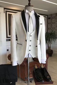 Color: WhiteButton: Single BreastedOccasion: Prom, Wedding, BusinessNeckline: Shawl LapelMaterial: Polyester & Polyester BlendPattern: SolidPiece: 3 PiecePocket: With Flap Lapel Wedding, Wedding Suit, Wedding Suits