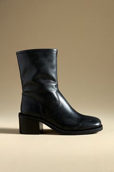 Leather upper, insole Rubber sole Side zip Imported Block Heel Boots in Black, Women's, Size: 36, Leather/Rubber