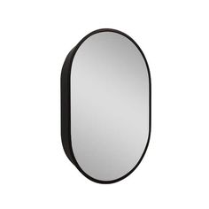 an oval mirror with black frame on a white background, it is isolated from the side