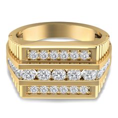 Twenty-three round brilliant cut diamonds in 10K yellow gold display exquisite craftsmanship on multi row ring. | 1 1/4 ct. tw. Men’s Diamond Ring | 10K Yellow Gold | Round Brilliant Cut | Size 10 | Helzberg Diamonds Gold Display, Mens Ring Designs, Rings Opal, Mens Jewellery, Mens Rings Fashion, Helzberg Diamonds, Silver Jewelry Design, Tiffany Jewelry, Engagement Rings Opal