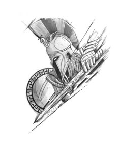 a pencil drawing of a spartan helmet with an arrow in the center and two spears sticking out of it