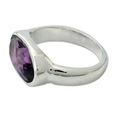 Luminous and rich a three-carat oval amethyst sparkles from the crown of this cocktail ring from India's Bhavesh. The artisan sets the checkerboard-cut stone in a simple setting of polished sterling silver. The result is classic yet chic. Classic Amethyst Oval Cabochon Ring, Classic Large Stone Amethyst Ring For Formal Events, Classic Formal Amethyst Ring With Large Stone, Classic Oval Cabochon Amethyst Jewelry, Formal Amethyst Oval Cabochon Ring In Silver, Oval Amethyst Ring With Polished Finish, Oval Amethyst Ring With Bezel Setting For Formal Occasions, Classic Polished Amethyst Jewelry, Classic Amethyst Jewelry With Polished Finish