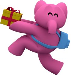 an animated pink bear holding a gift box