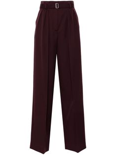 aubergine wool twill weave pleat detailing pressed crease high waist concealed front button, hook and zip fastening belt loops detachable belt two side slash pockets straight hem tapered leg Yoko London, City Dress, Pleated Trousers, Twill Weave, Tapered Pants, Summer Beach Wear, Ballet Flat Shoes, Ski Wear, Lady Dior