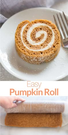 an easy pumpkin roll recipe on a white plate