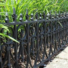 a black iron fence surrounded by tall grass