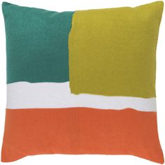 an orange, green and white pillow with stripes on it's sides is shown