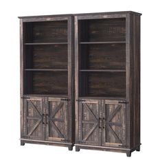 an old wooden bookcase with sliding doors on the front and side, against a white background