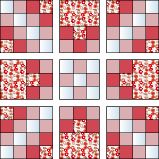 nine squares with red and white designs on them