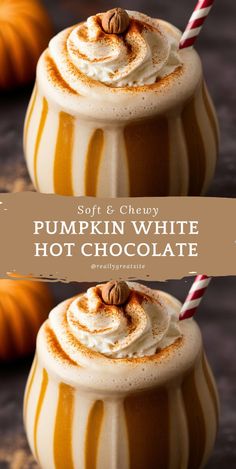 two pumpkin white hot chocolates with whipped cream on top and topped with cinnamon sticks