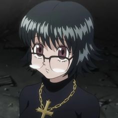 an anime character with glasses and a cross on his neck is staring at the camera