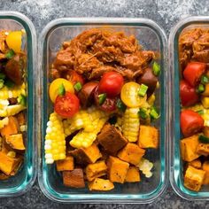 three plastic containers filled with different types of food