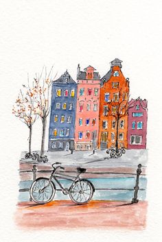 a watercolor painting of some buildings and a bike on the sidewalk in front of it