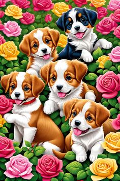 four puppies sitting in the middle of roses