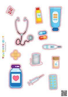 various medical items are arranged in the shape of a sticker