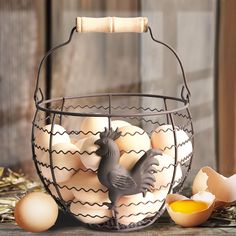 an egg basket filled with eggs and a chicken figurine